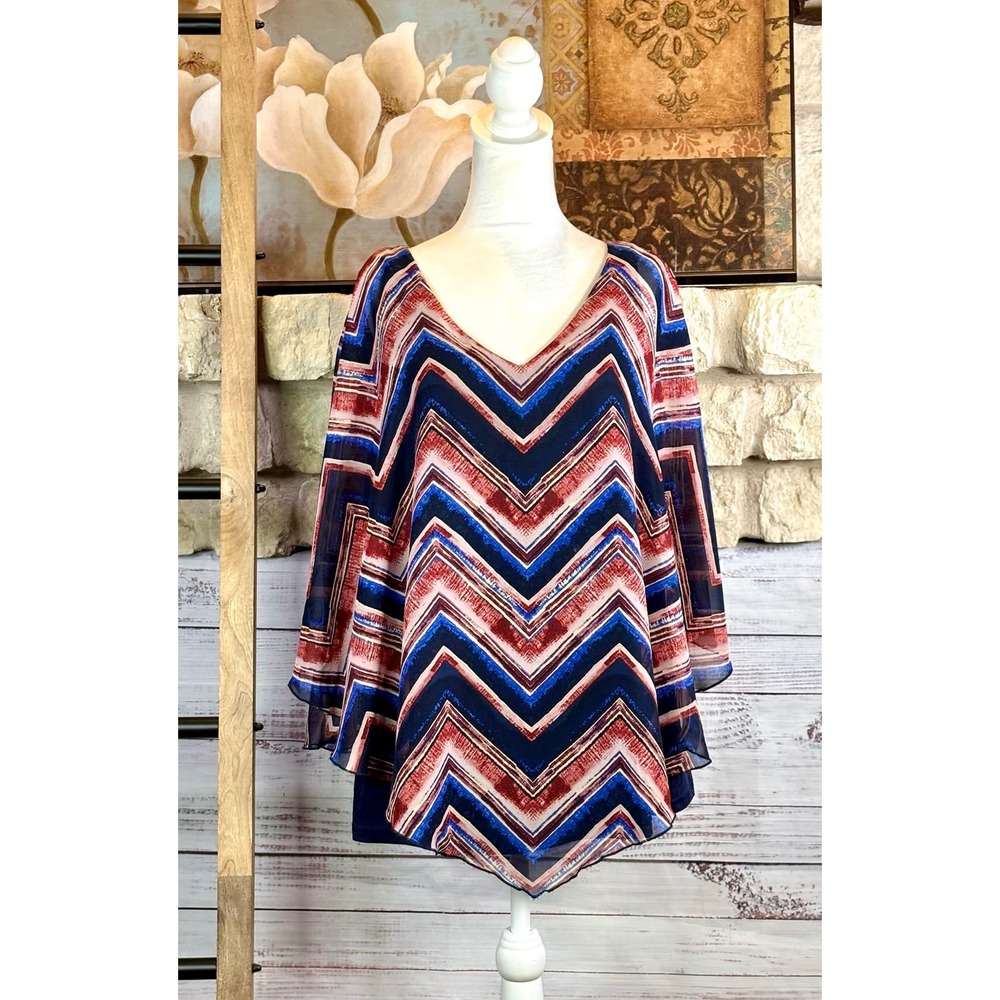 Sara Michelle Womens 3X Chevron Handkerchief Overlay Blouse Burgundy Pink Blue